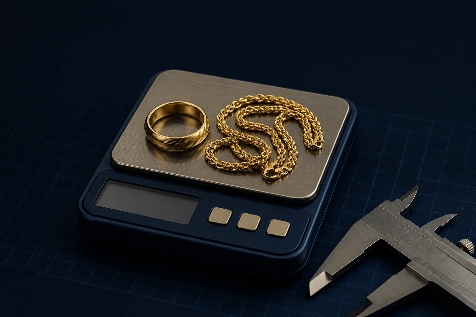Anillo y cadena de oro sobre una balanza de precisión, junto a un calibrador