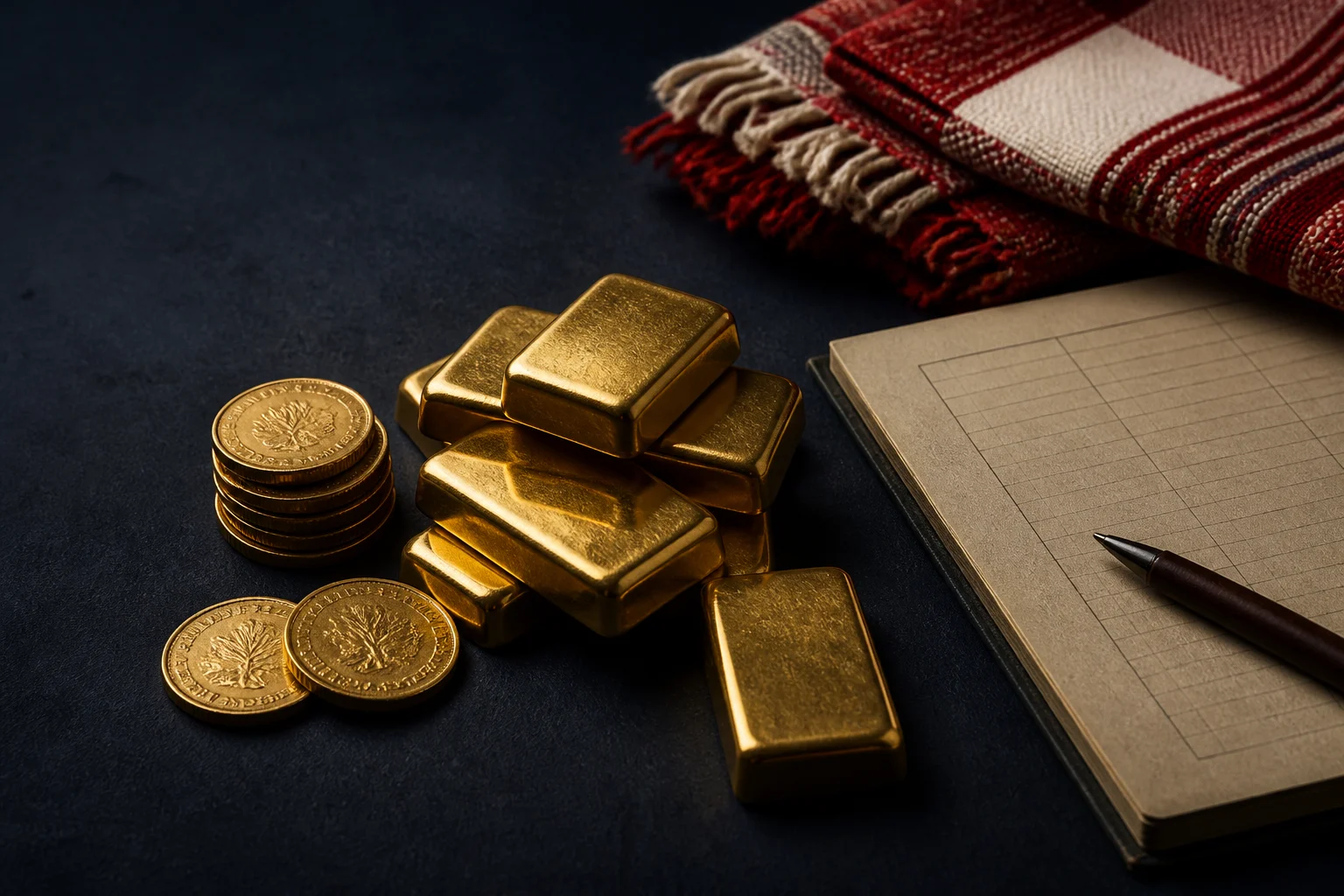 Lingotes y monedas de oro sobre una mesa azul oscuro, junto a un cuaderno sin texto legible y un tejido rojo y blanco como acento editorial.
