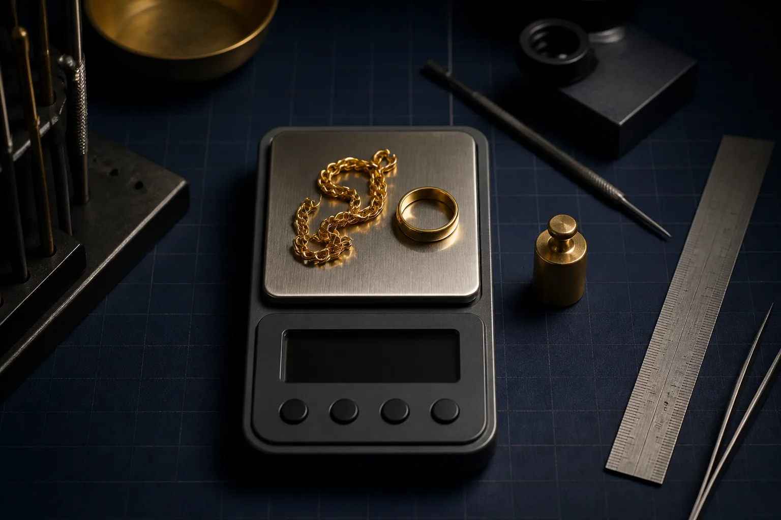 Balanza de precisión con una cadena y anillo de oro, peso de calibración y regla metálica sobre una mesa azul oscura.