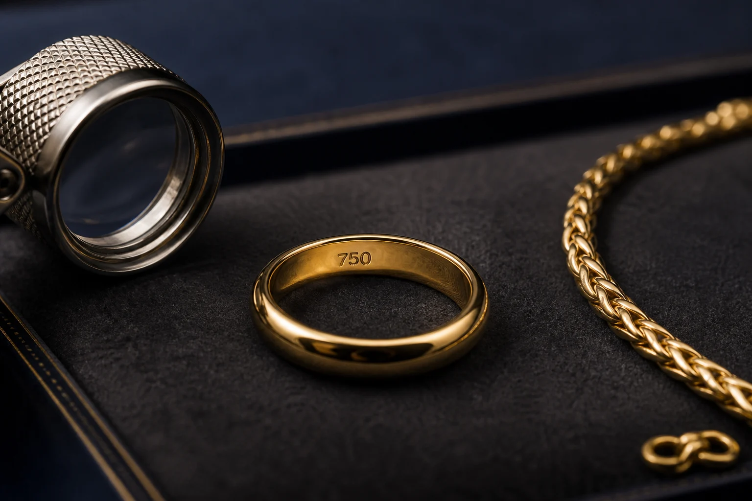 Anillo de oro con el sello 750 visible junto a una lupa y una cadena sobre terciopelo oscuro.