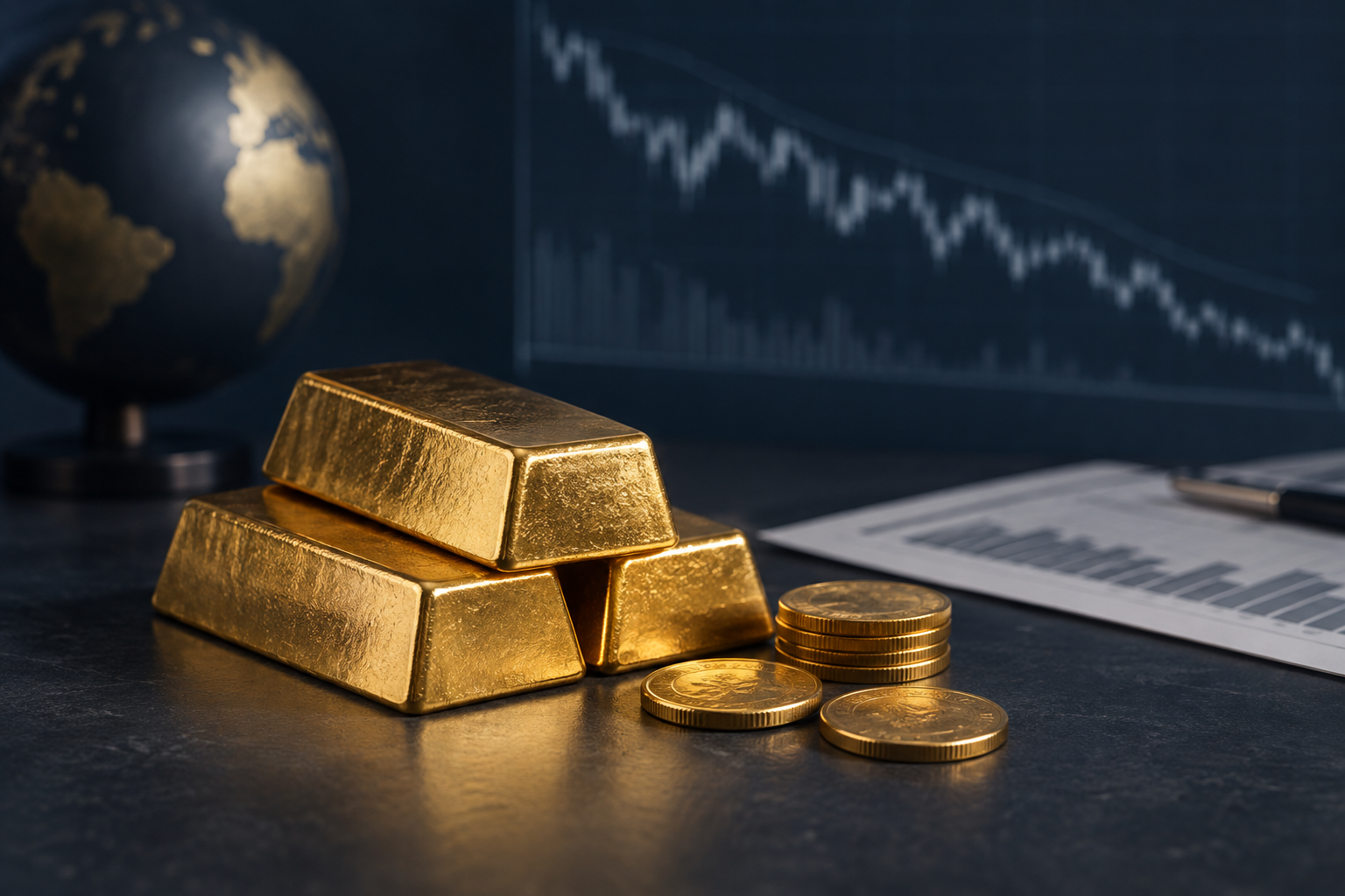 Lingotes y monedas de oro sobre una mesa oscura, junto a una gráfica de mercado desenfocada que desciende.