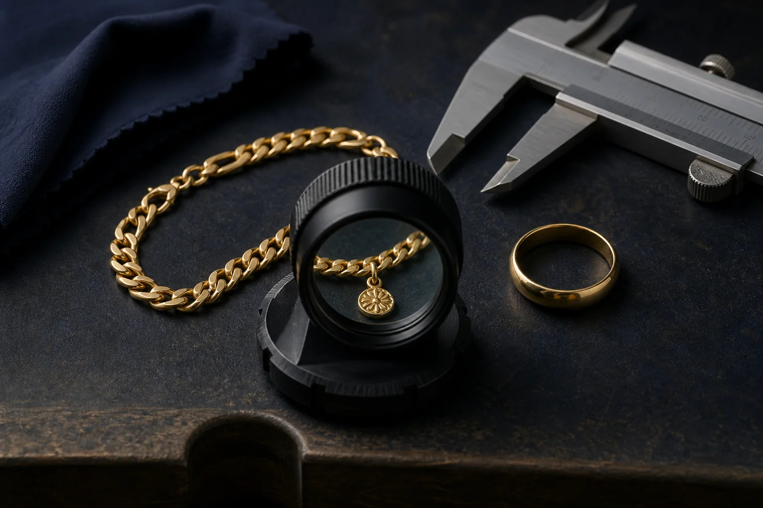 Pulsera y colgante dorados bajo una lupa, con un anillo, calibrador y paño de joyería sobre una superficie oscura.