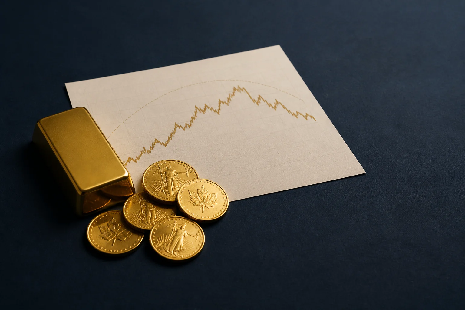 Lingote pequeño y monedas de oro sobre una superficie azul oscura junto a un gráfico sin texto que sube y luego retrocede.