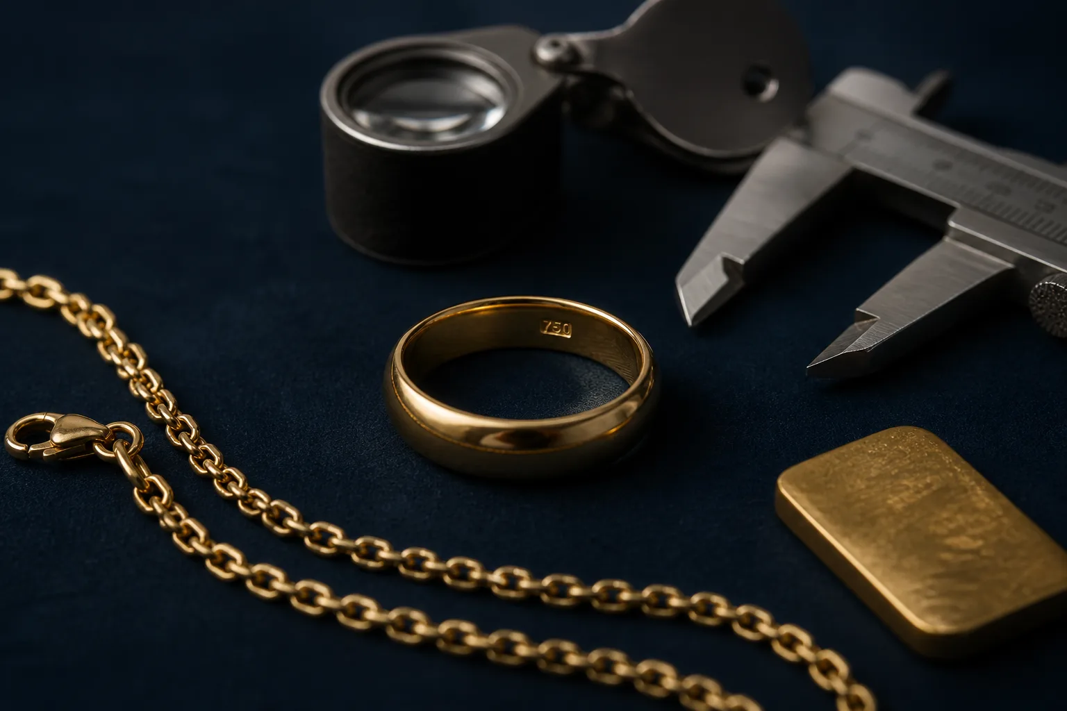 Anillo de oro de 18K con sello 750, cadena, lingote y herramientas de joyería sobre una mesa azul oscura.