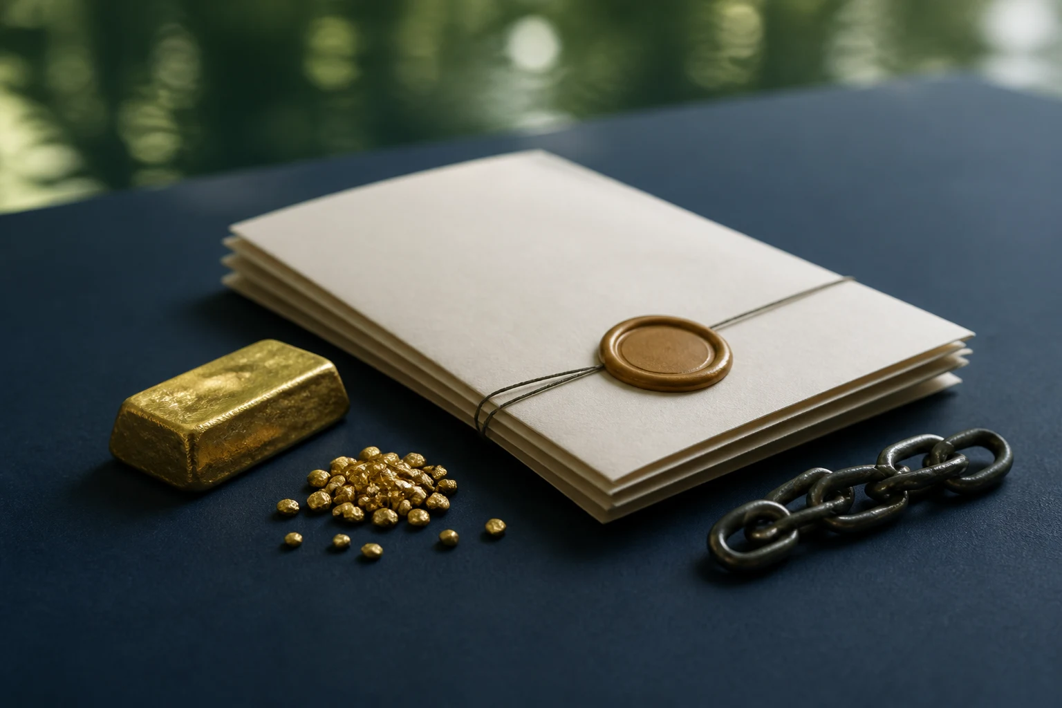 Lingote y granos de oro junto a un expediente sin texto y una cadena metálica sobre una superficie azul oscura, como representación editorial de trazabilidad.